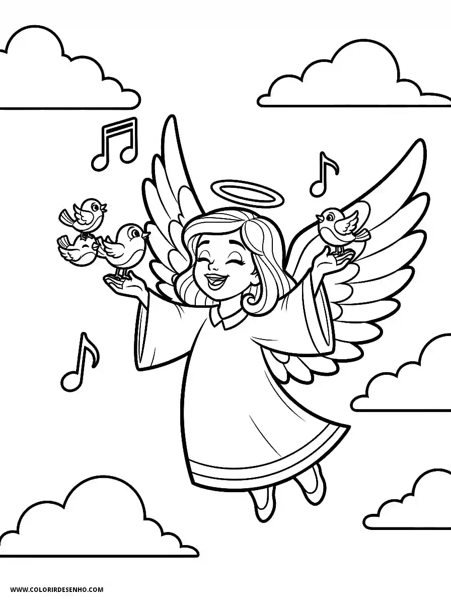angel holding birds and singing in sky