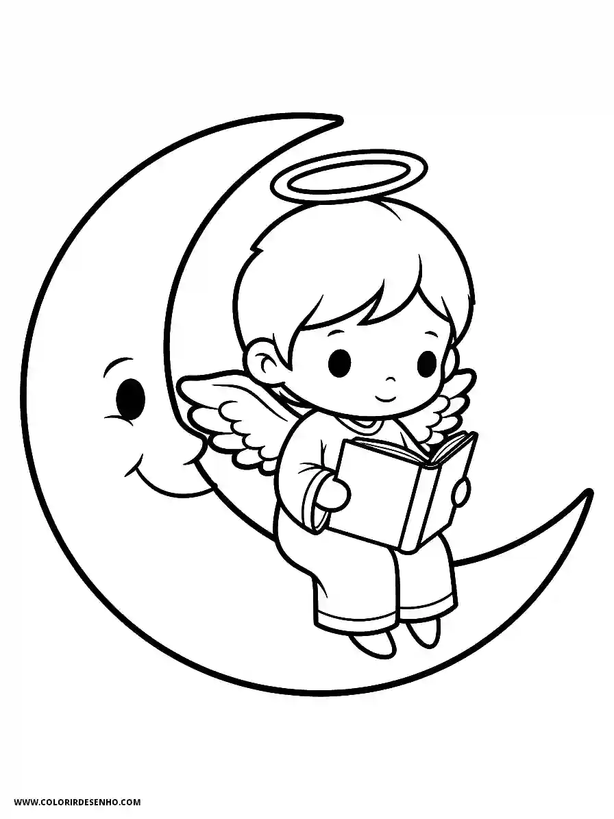 angel holding book on crescent moon