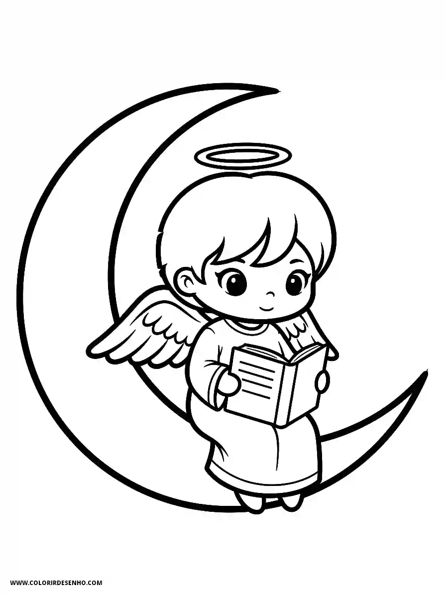 angel holding book with halo on crescent moon