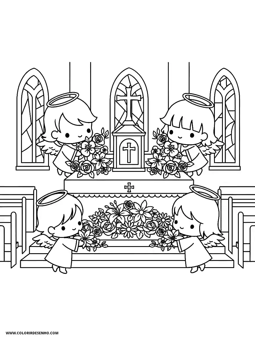 angel holding flowers in church setting