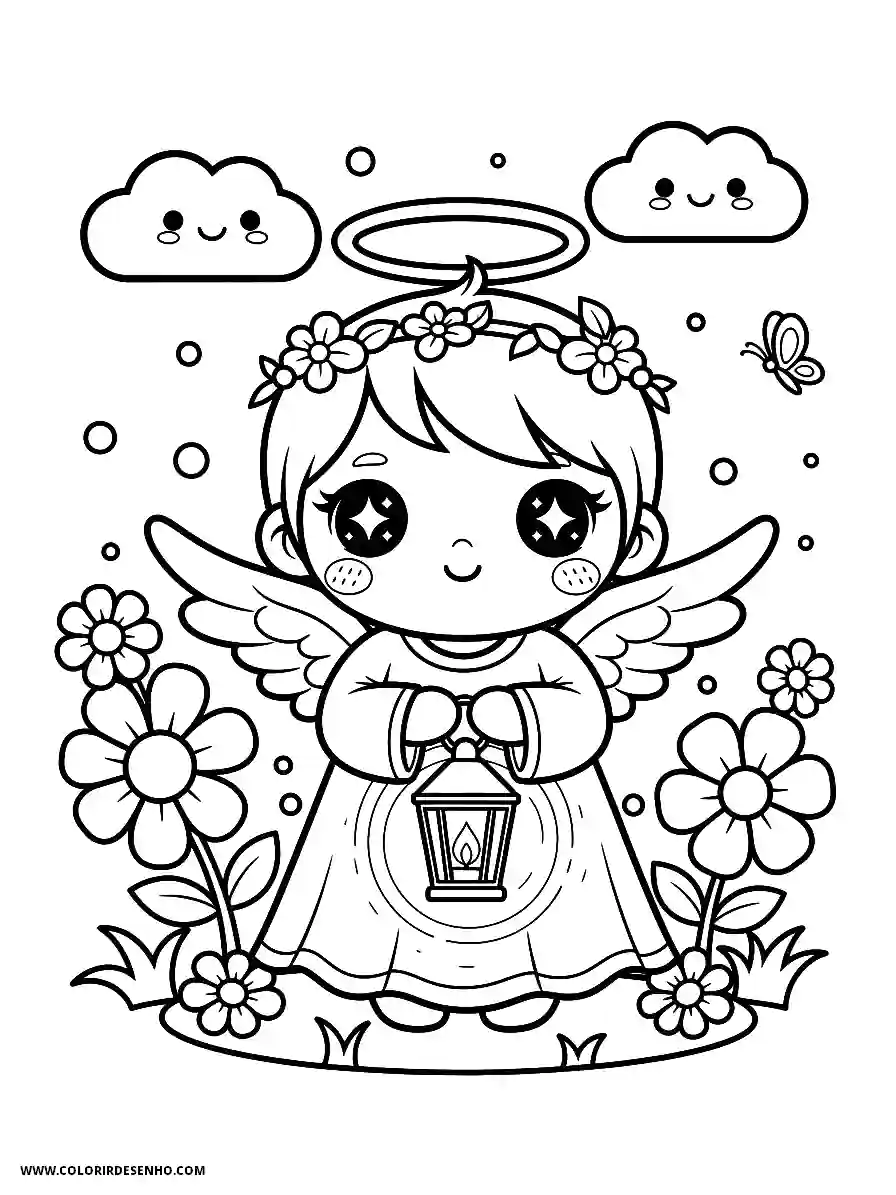 angel holding lantern surrounded by flowers and clouds