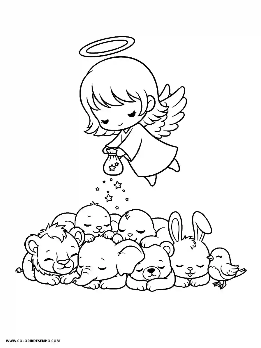 angel holding star bag over sleeping animals