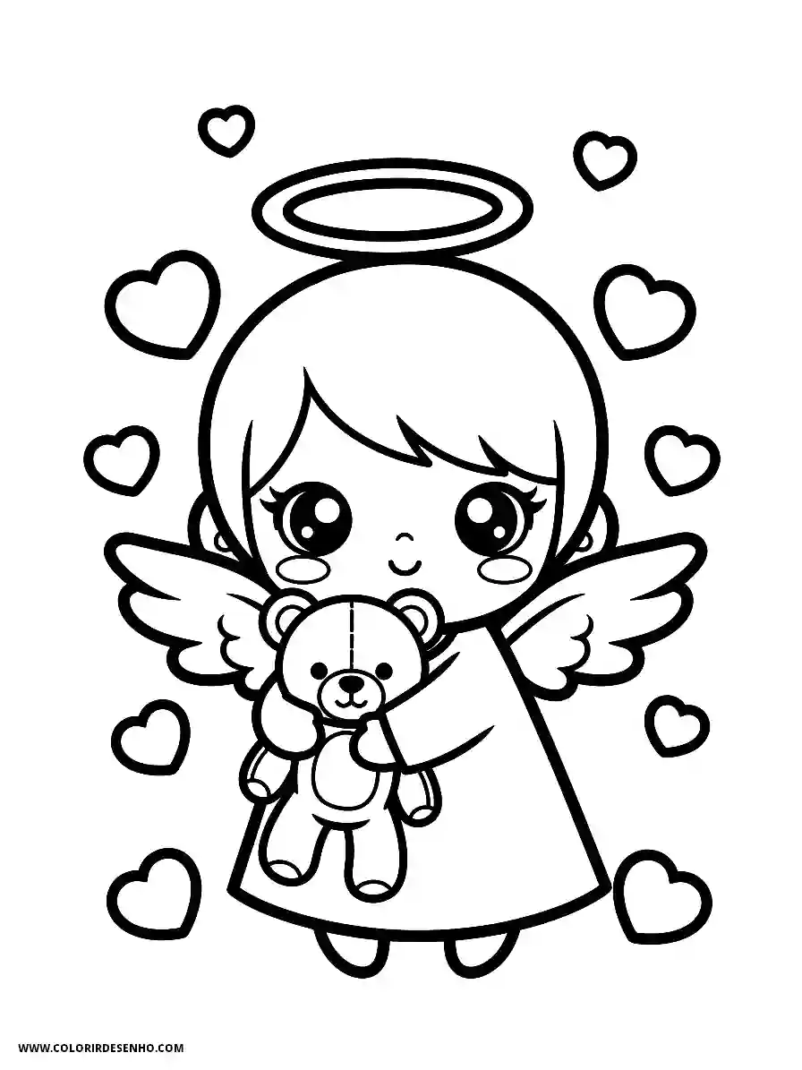 angel holding teddy bear surrounded by hearts and halo