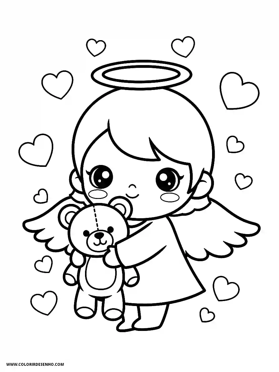 angel holding teddy bear surrounded by hearts with halo