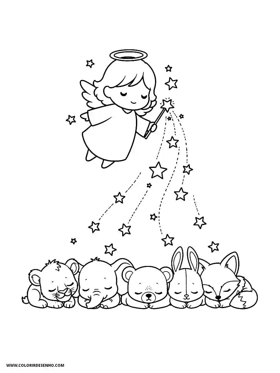angel holding wand casting stars over sleeping animals