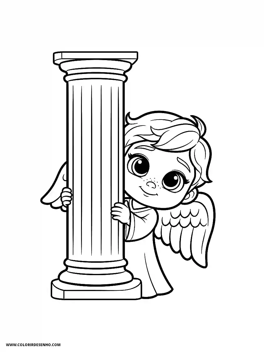 angel peeks around column wearing wings and robe