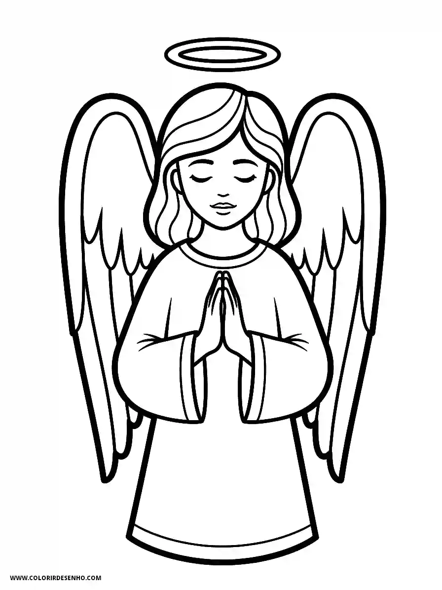 angel with closed eyes and hands in prayer pose against white background