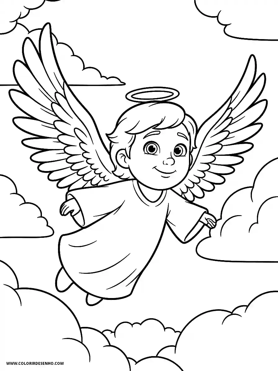 angel with halo and wings smiling flying over clouds