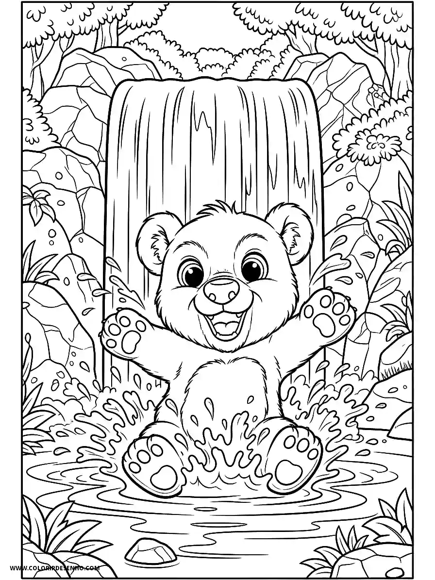 bear playing with water near a waterfall