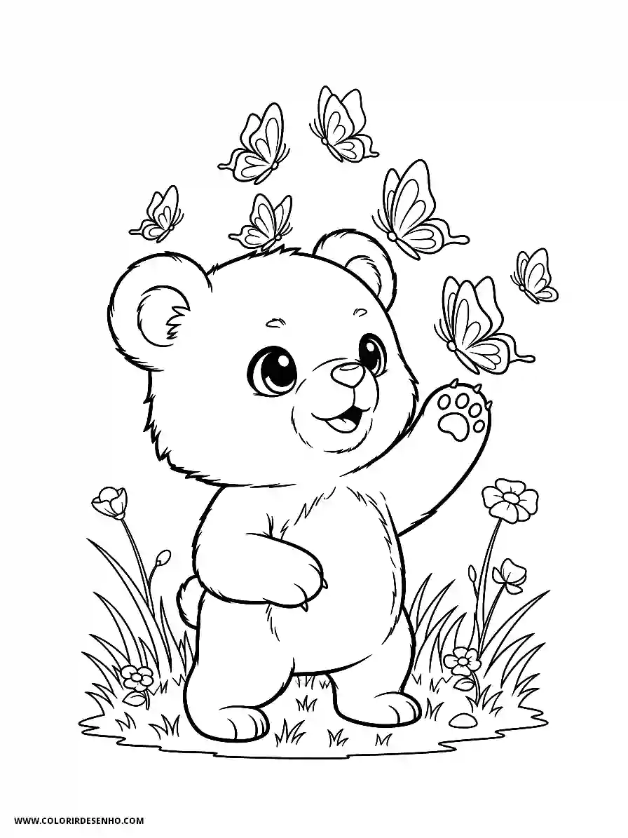 bear waving at butterflies in grassy field