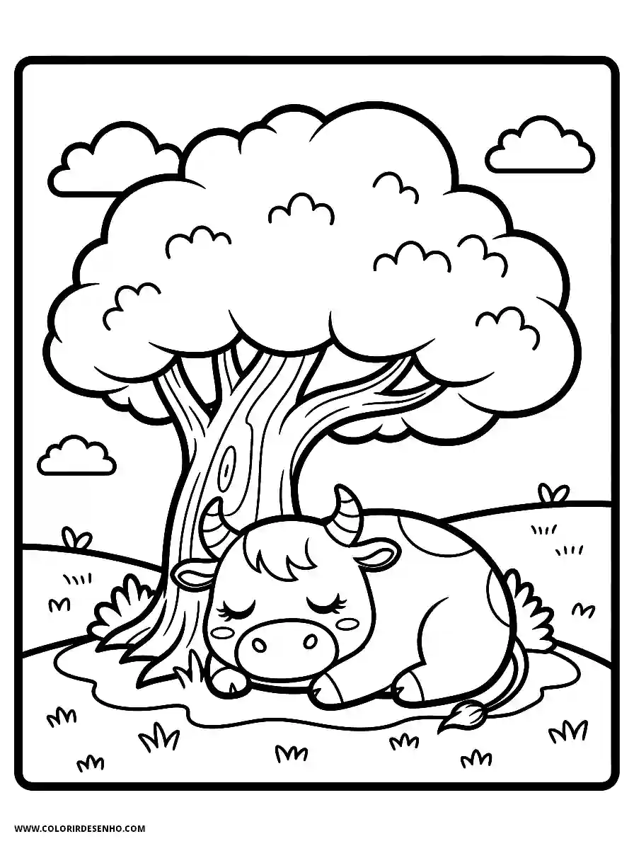 bull sleeping unicorn under tree in field