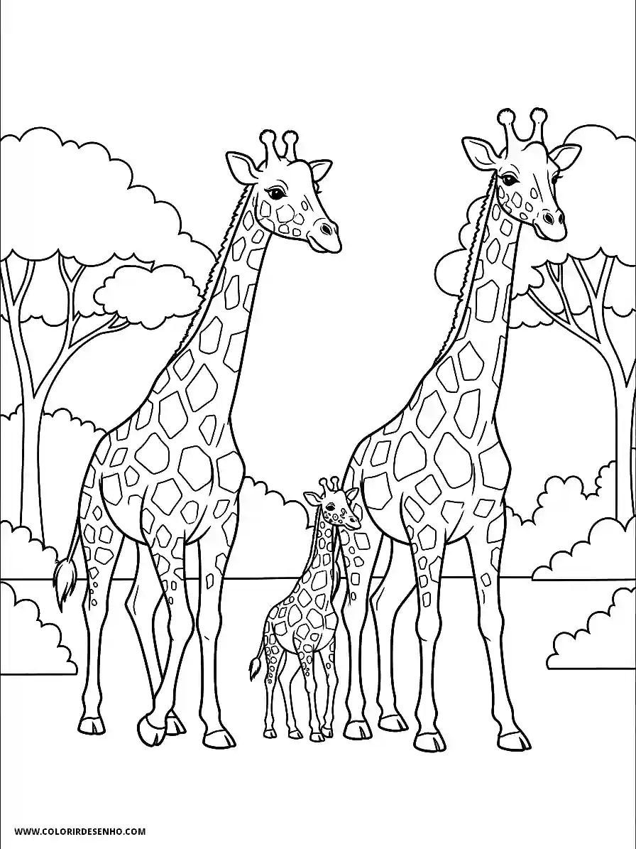 family of giraffes standing in a savannah setting