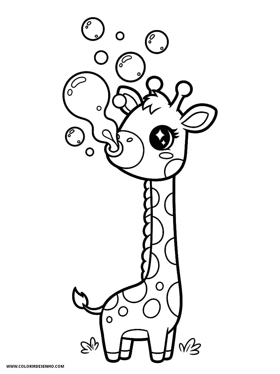 giraffe blowing bubbles in grassy area