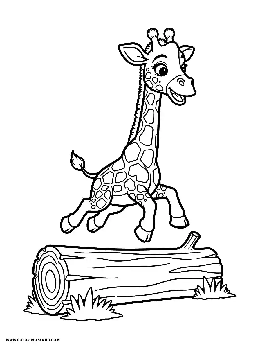 giraffe jumping over a log in grassy area