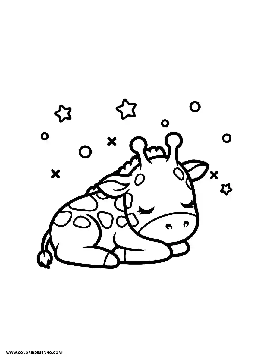 giraffe lying down eyes closed surrounded by stars and dots