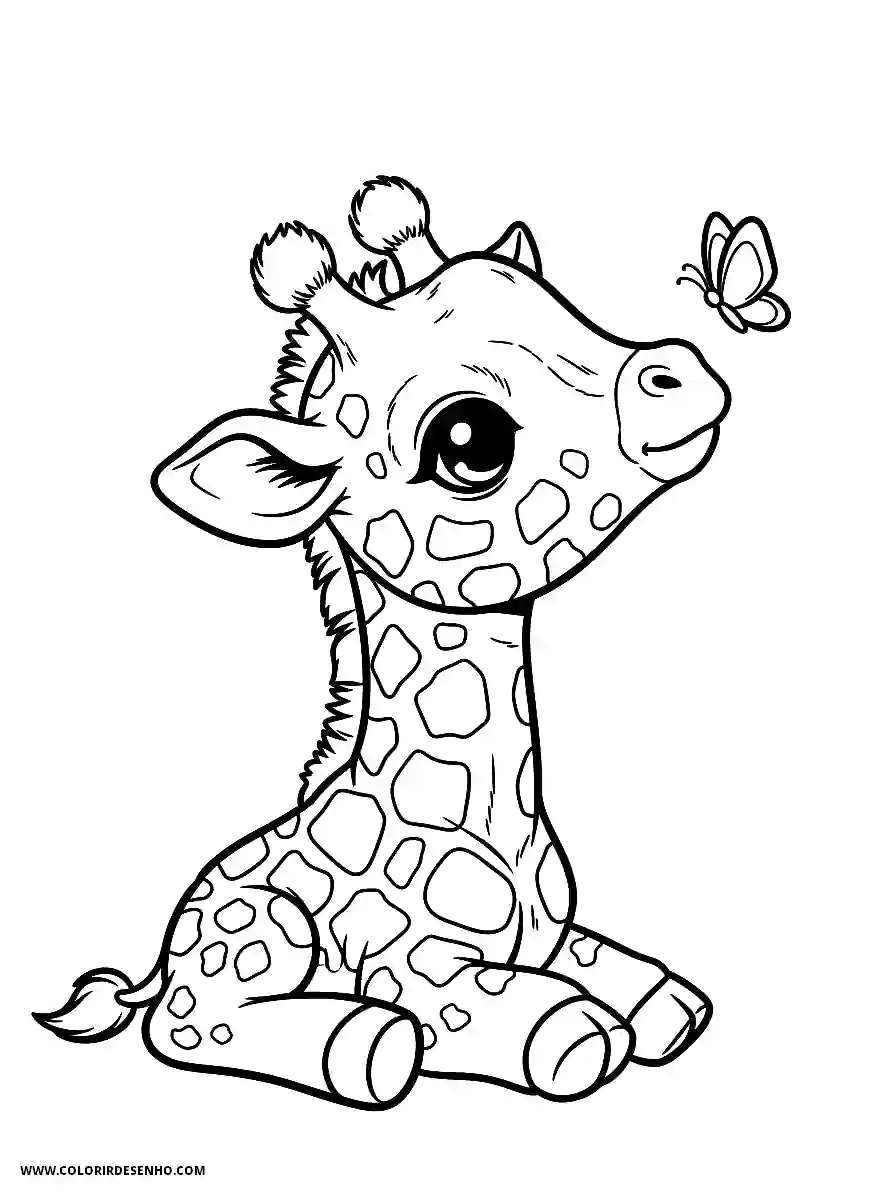 giraffe sitting on ground looking up at butterfly