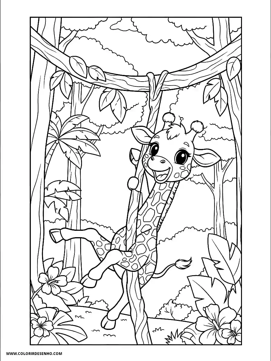 giraffe standing in jungle leaves hanging from tree