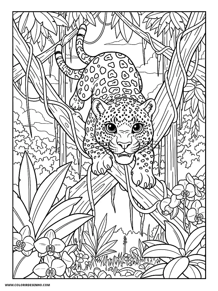 jaguar climbing tree in jungle with flowers around