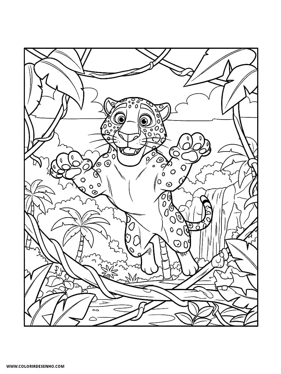 jaguar standing in jungle with waterfall behind it