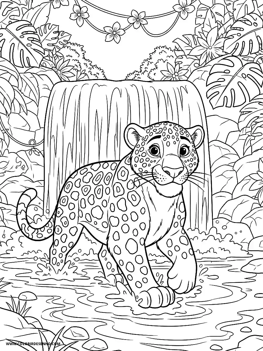 jaguar standing in water by waterfall among lush jungle foliage