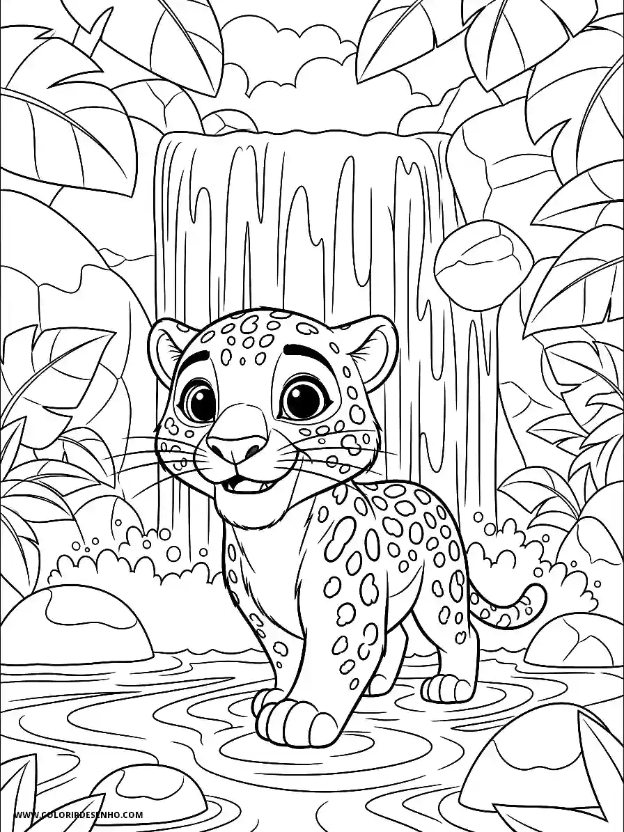 jaguar standing in water near a waterfall and jungle foliage