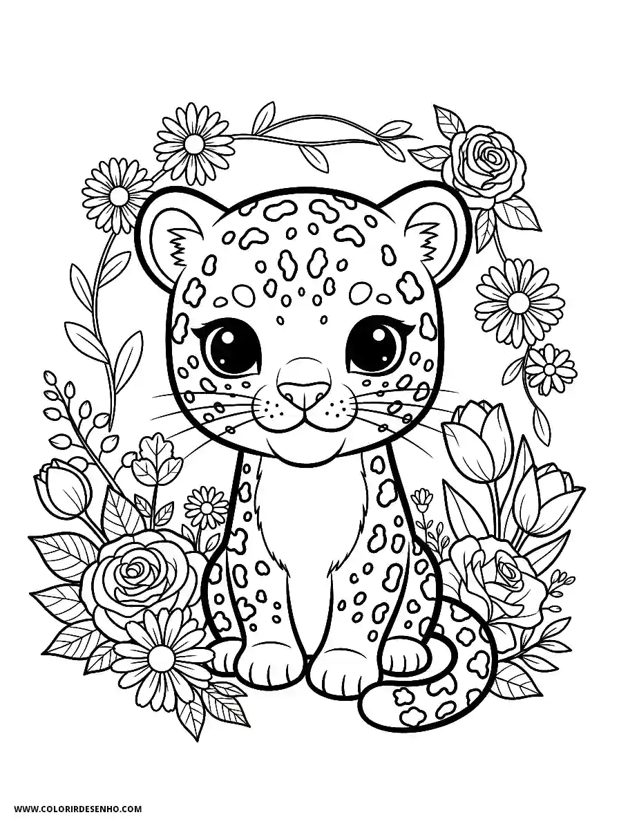 jaguar surrounded by flowers and leaves in a circular frame
