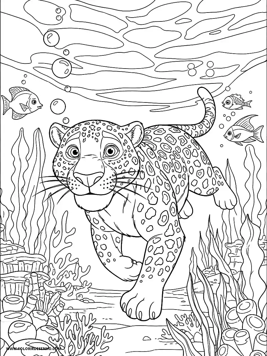jaguar swimming in ocean with fish and seaweed