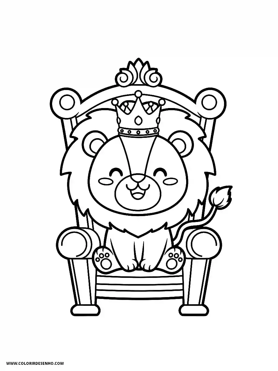 Lion Coloring Pages (259+ Free Printables) 256 Lion s kawaii style adorable for kids smiling lion wearing a crown sitting on throne to print