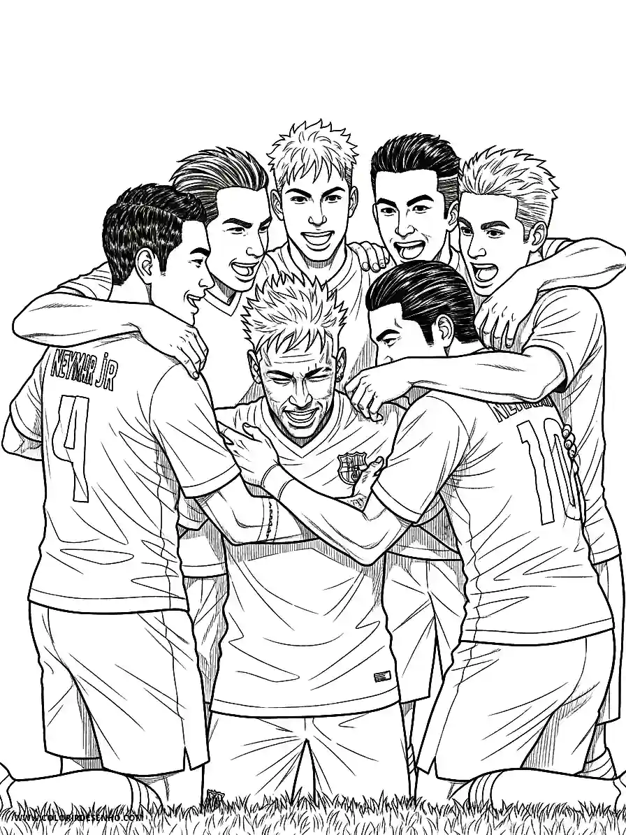 neymar celebrating in a group hug on a soccer field