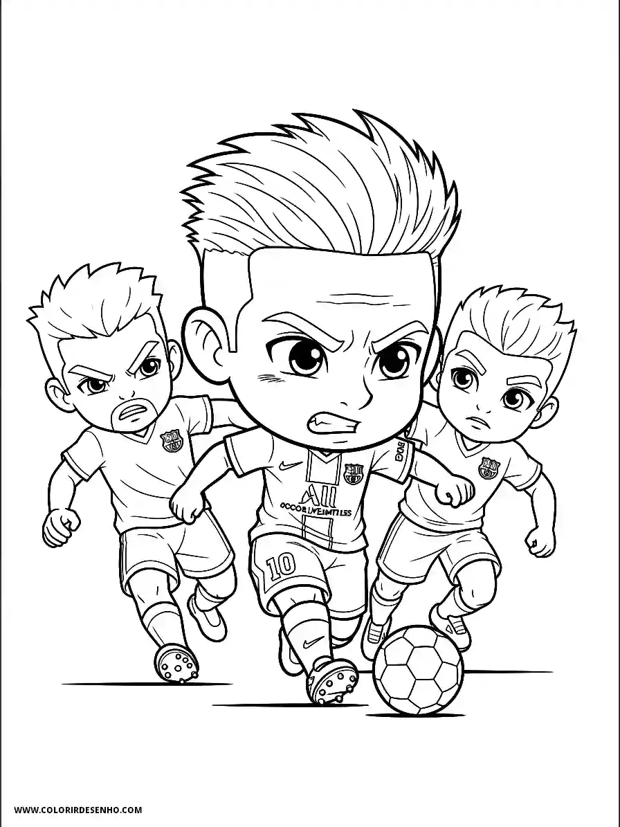 neymar running with soccer ball and two other players behind him