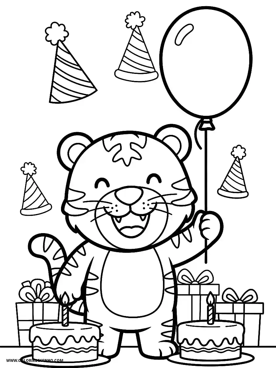 tiger celebrating birthday with balloons and presents