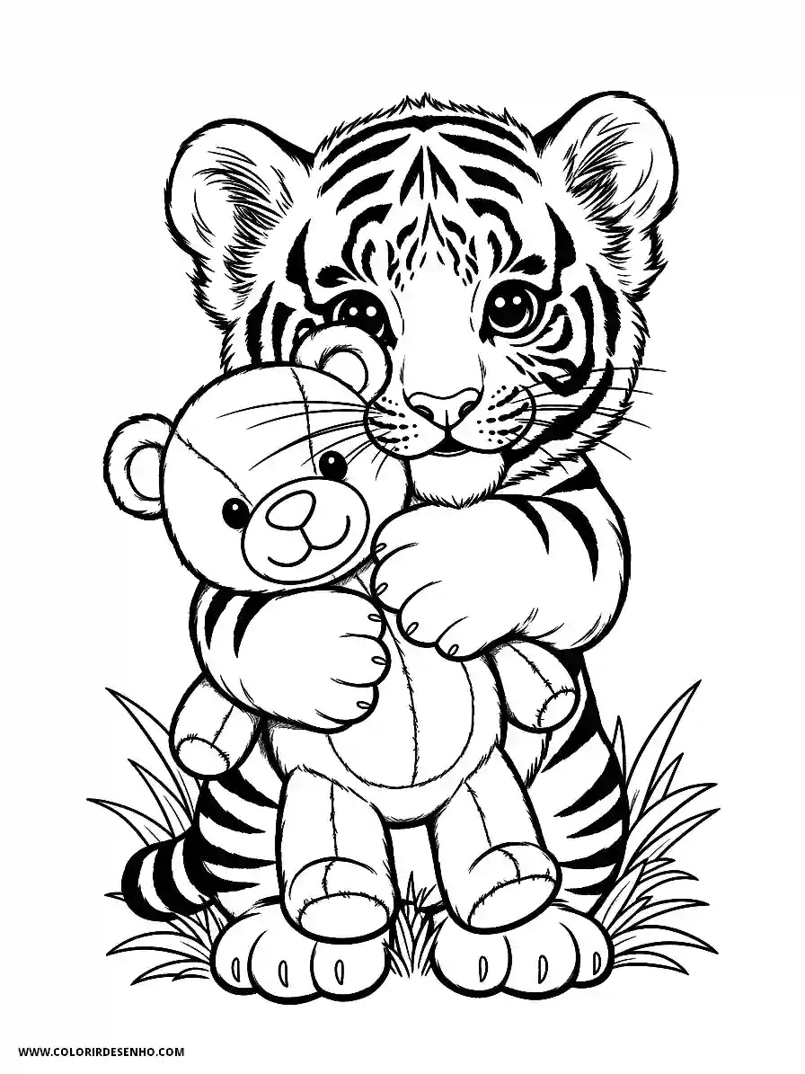 tiger cub holding teddy bear in grassy area