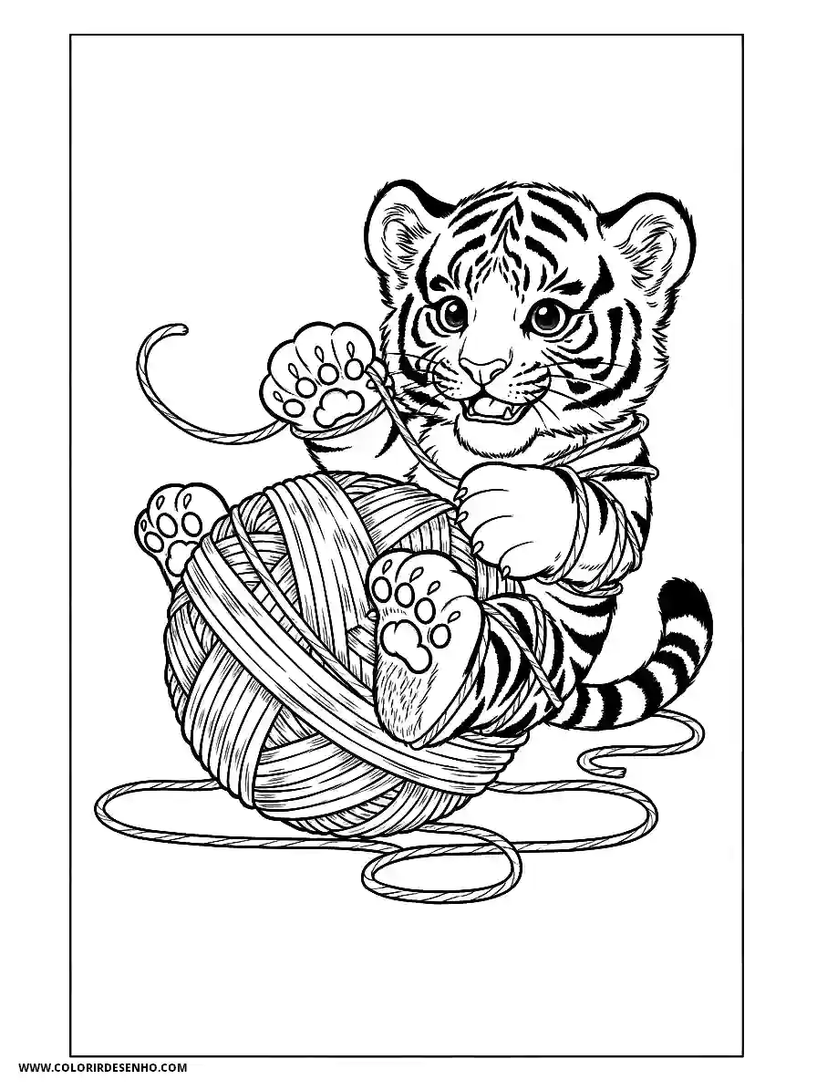 tiger cub holding yarn ball sitting alertly striped fur visible no background visible