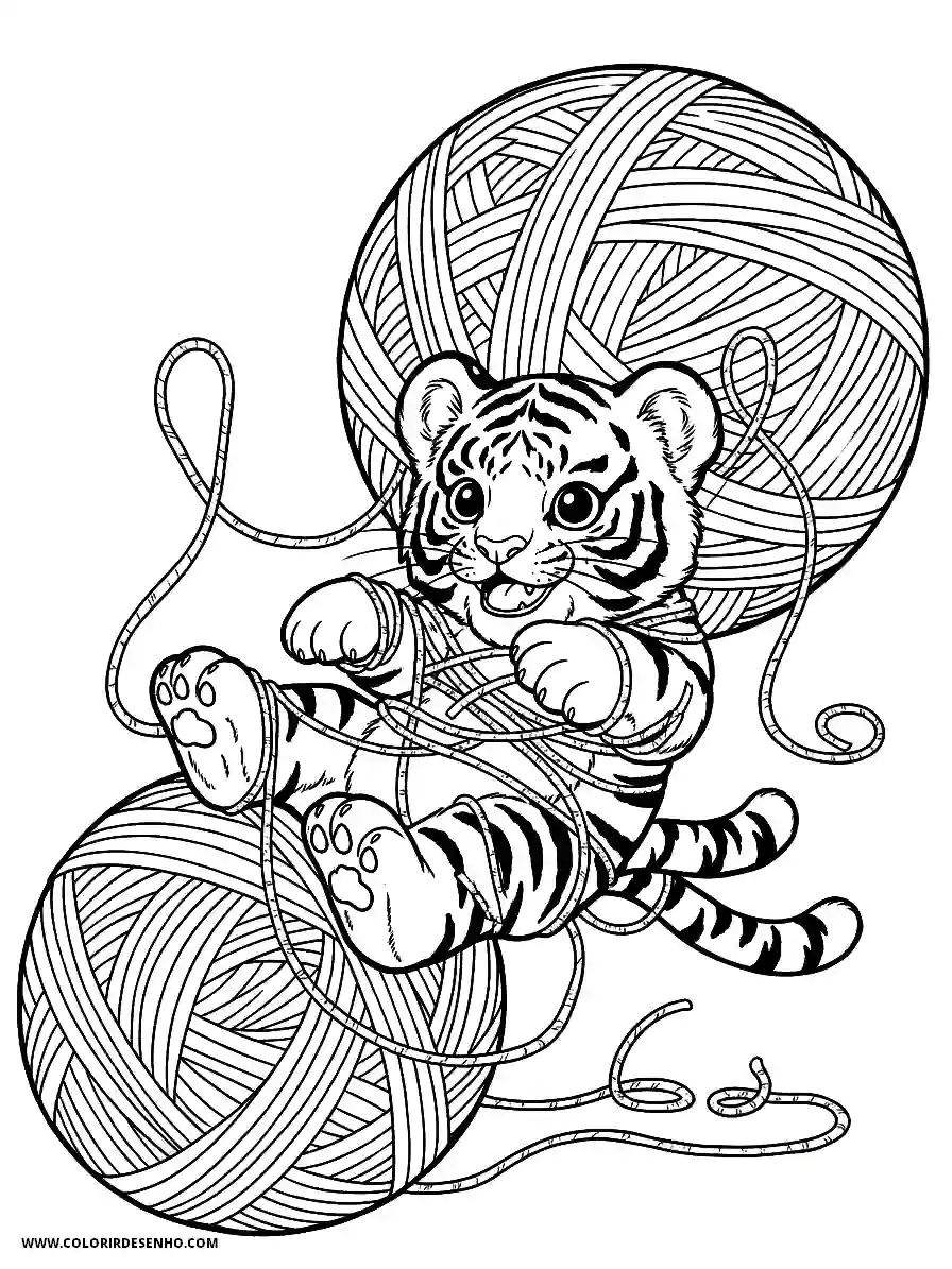 tiger cub playing with yarn balls
