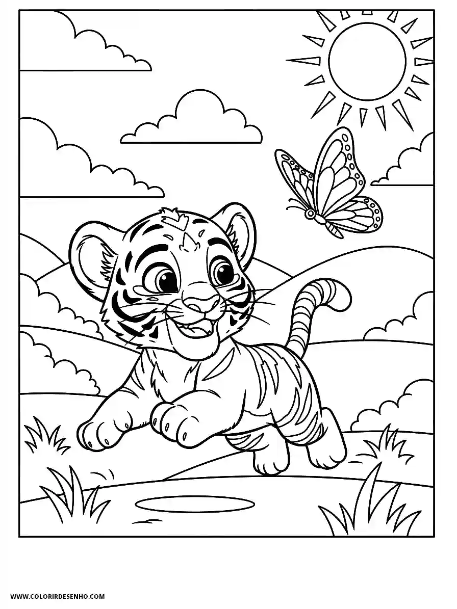 tiger cub running in grassy field with butterfly nearby