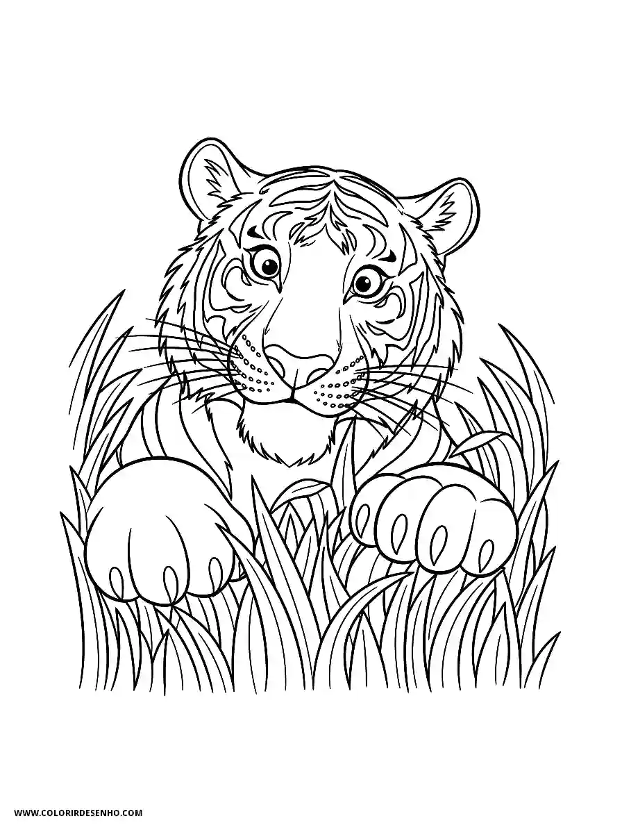tiger hiding in grass staring directly at viewer