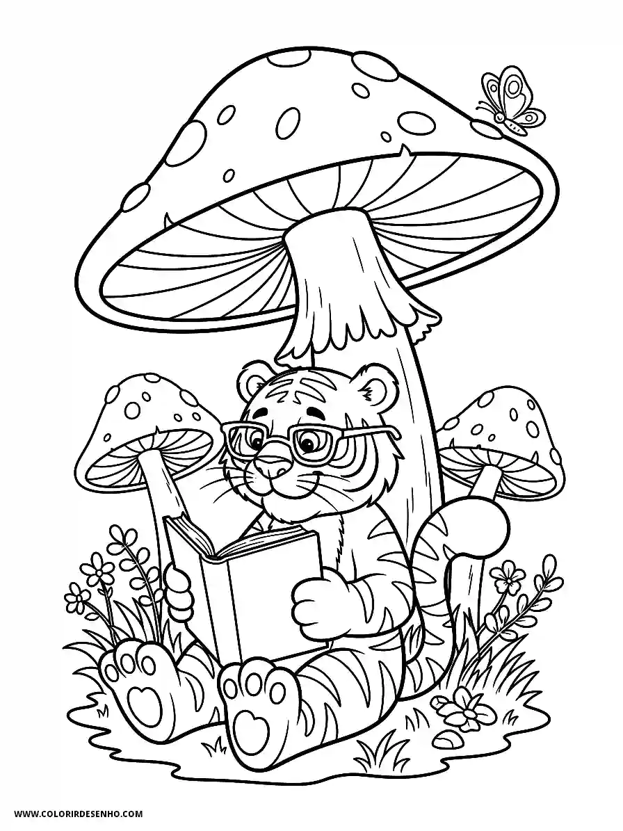 tiger reading book under mushroom in forest