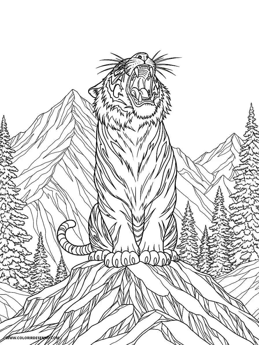 tiger roaring on rocky outcrop in mountainous forest setting