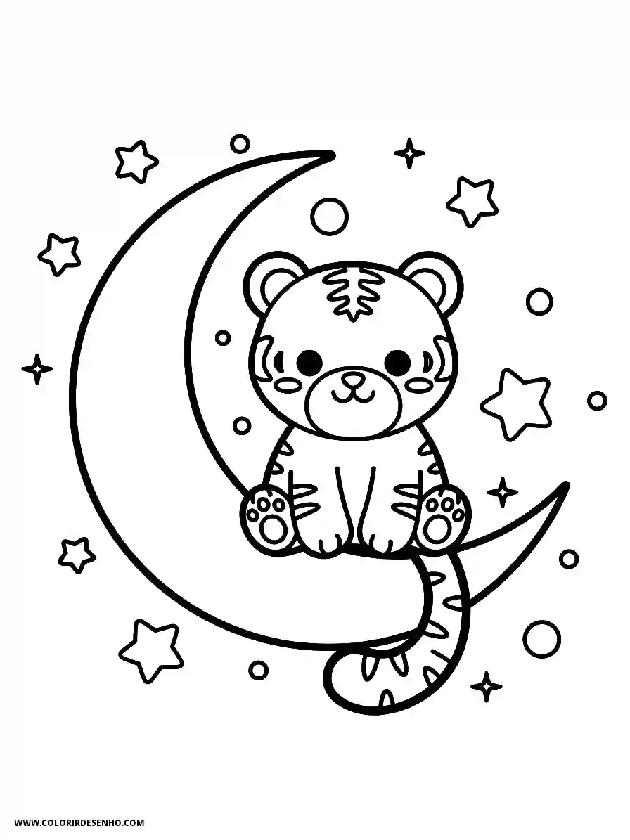 tiger sitting on crescent moon among stars and circles