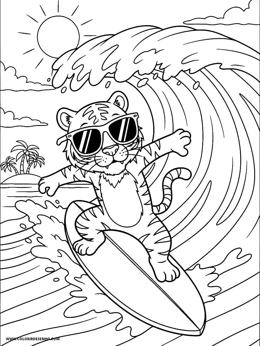 tiger surfing a wave on a surfboard in sunglasses