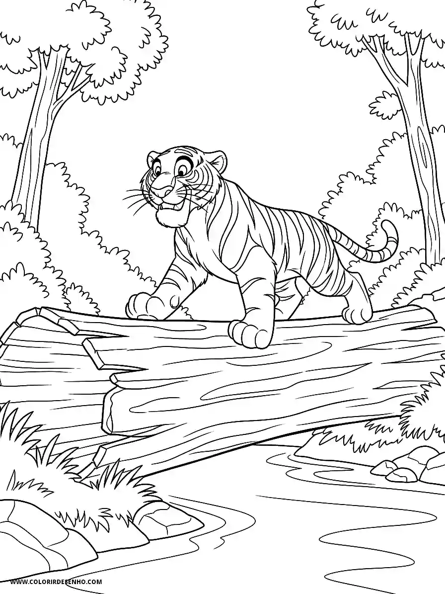 tiger walking on log near water with trees in background