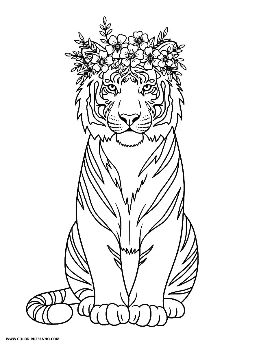 tiger wearing floral crown sitting upright with stripes visible on fur