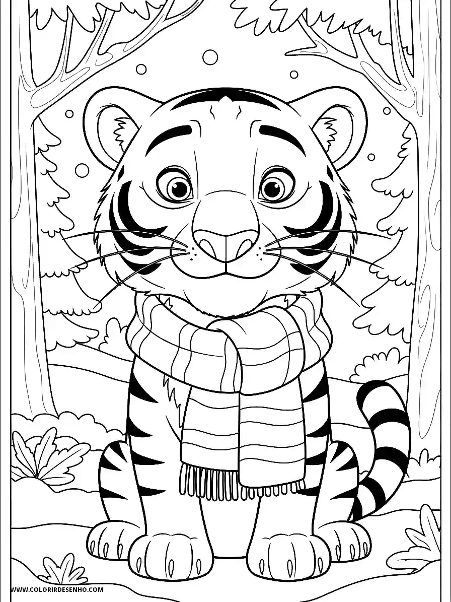 tiger wearing striped scarf standing in snowy forest